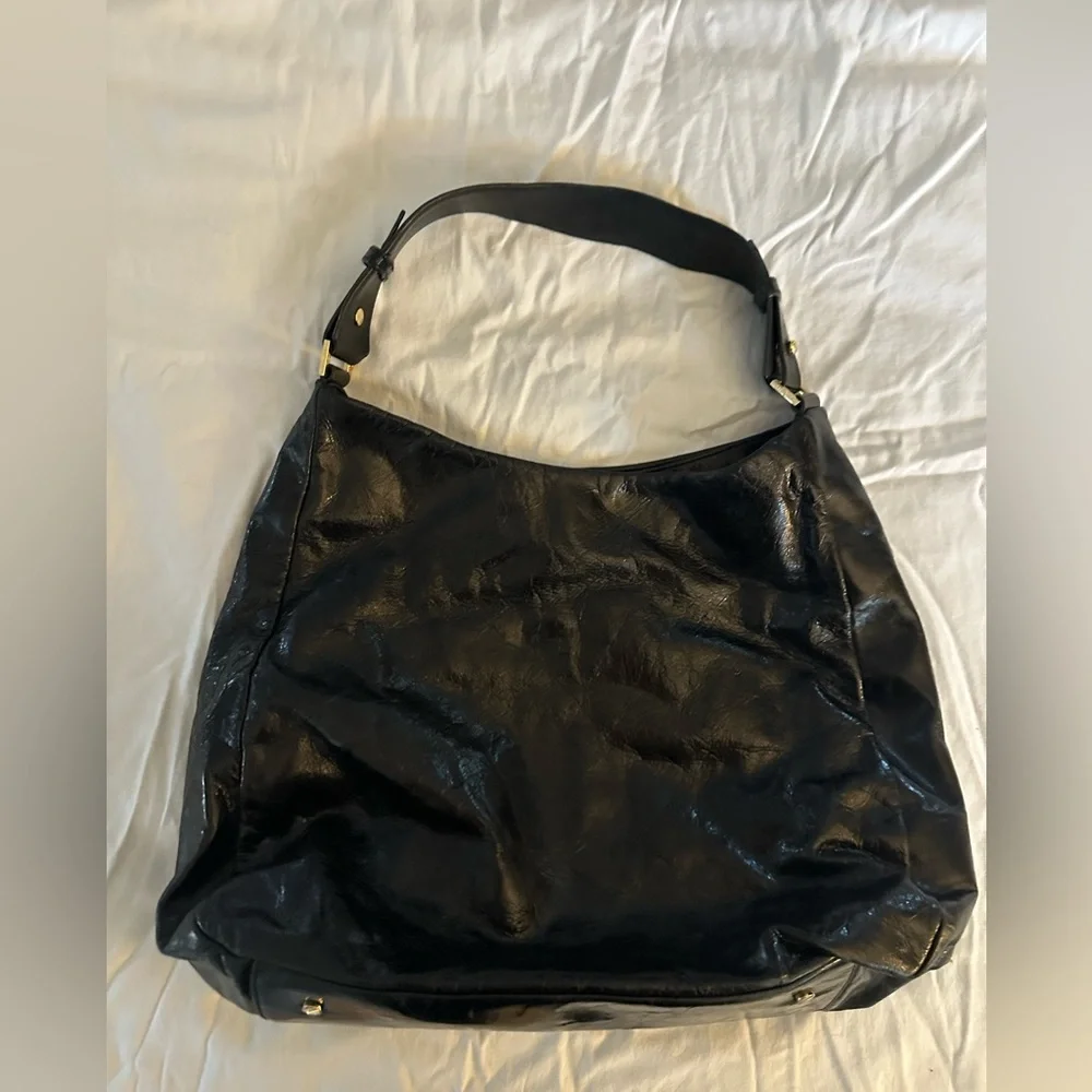 Tory Burch Dena Black Glazed Leather Hobo Shoulder Bag